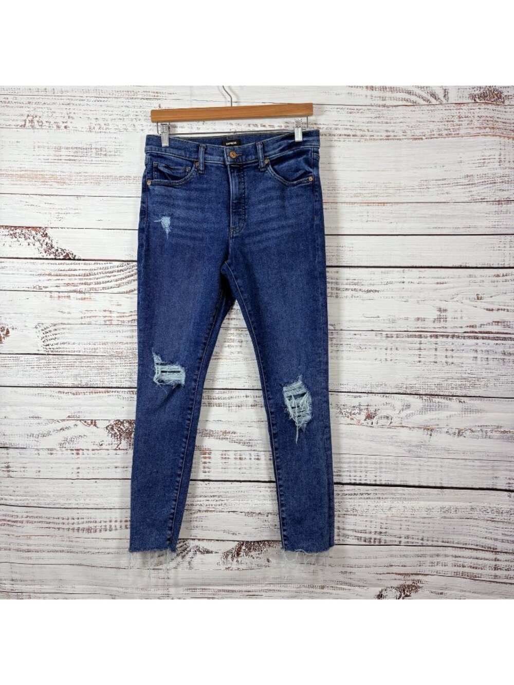 Express Blue Skinny Medium Wash Distressed Raw Hem Jeans